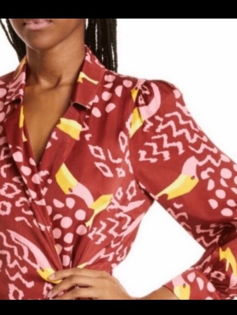 ⭐️HP⭐️! FARM RIO Toucanissimo! Cocktail Mini-Mock-Wrap Dress in Burgundy/Yellow - Picture 3 of 16